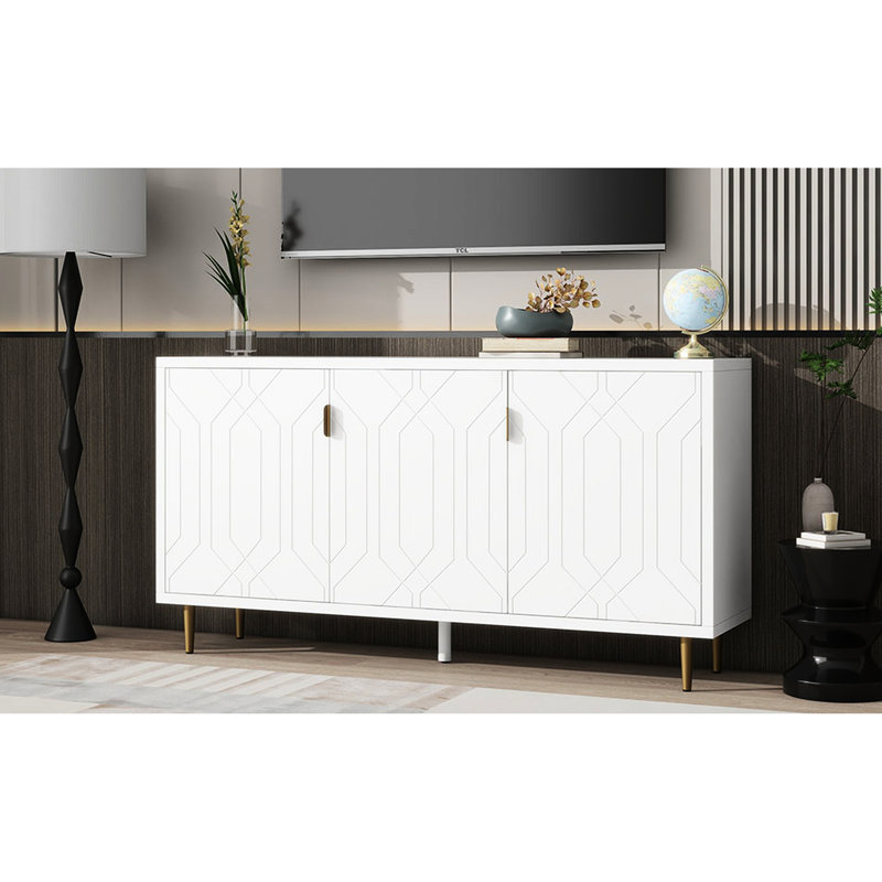 Meuble télé moderne VIBE HAUS avec 3 portes et tablettes réglables pour le salon, Blanc