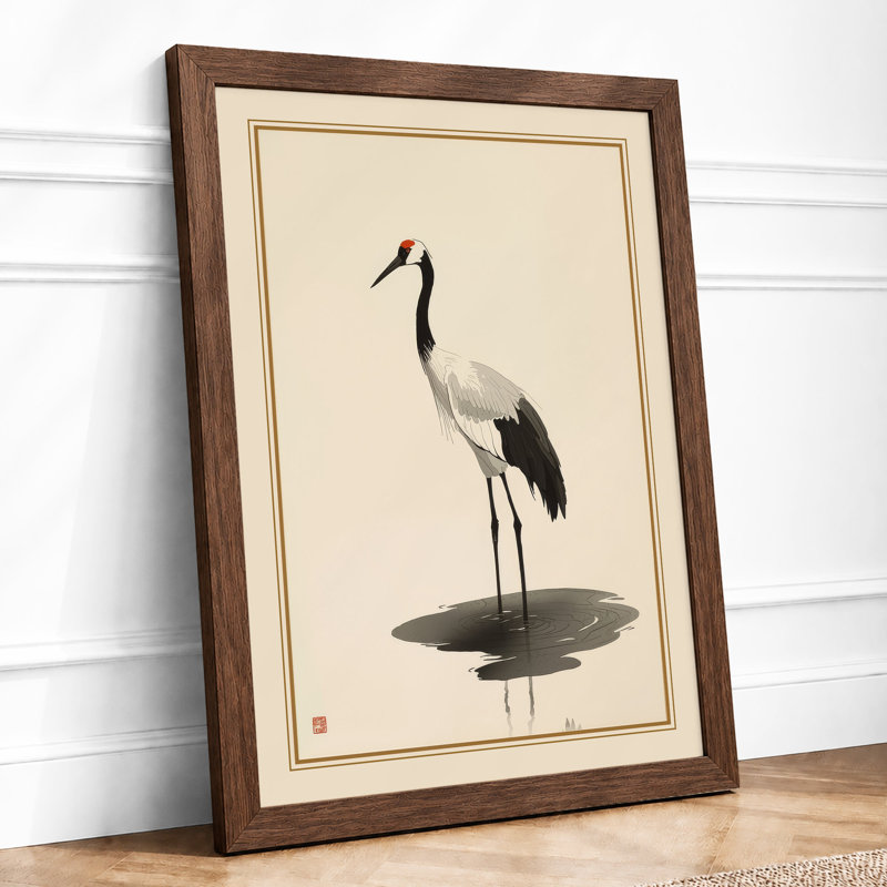 Crane in Stillness Japandi - Framed Print, A4 - 29.7 x 21.0 cm, Walnut