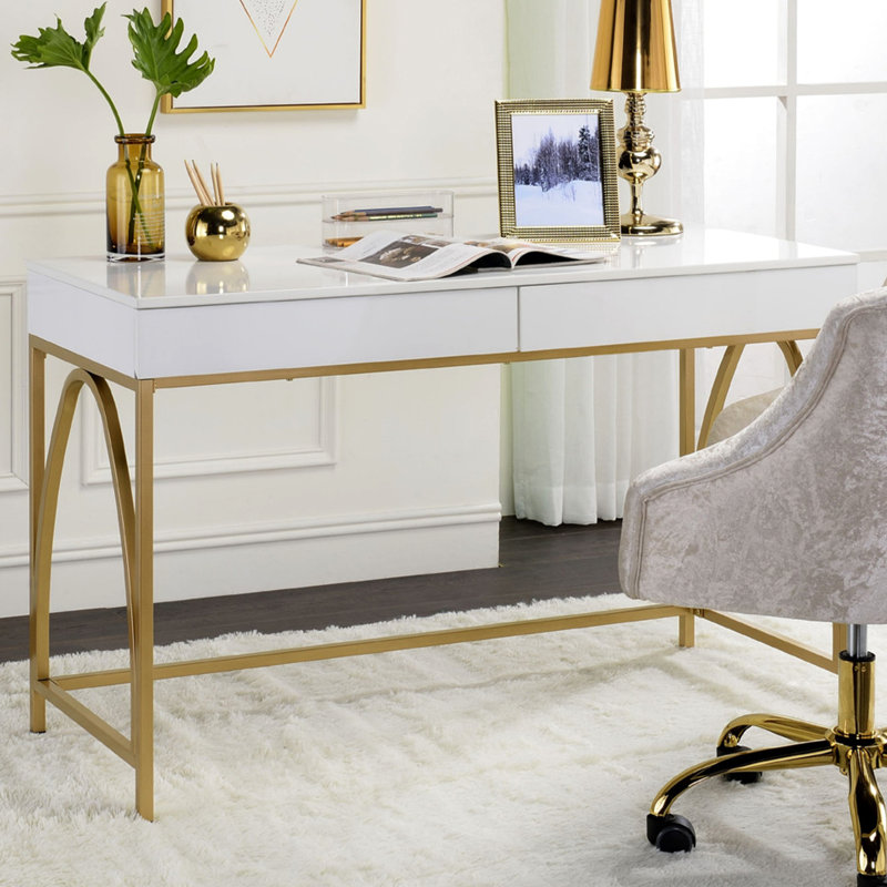 Bureau 2 tiroirs blanc ultrabrillant avec base à tréteaux en métal doré pour bureau d'étude Comprendre les tiroirs, la base et la productivité des éléments en bois