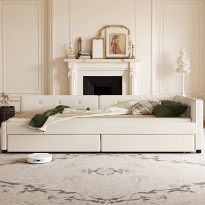 Modern Linen Fabric Upholstered Platform Bed with USB & Storage Drawers