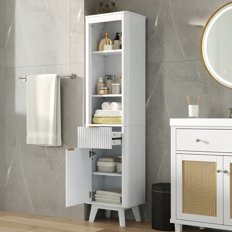 68" H Tall Bathroom Storage Cabinet with  Adjustable Shelves and One Drawer & Door, White