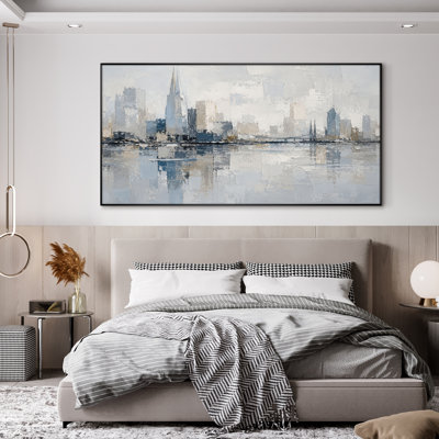 Très grand art mural imprimé sur toile - décor de bureau moderne abstrait bleu ville - "Assemblage requis (cadre non fini)"