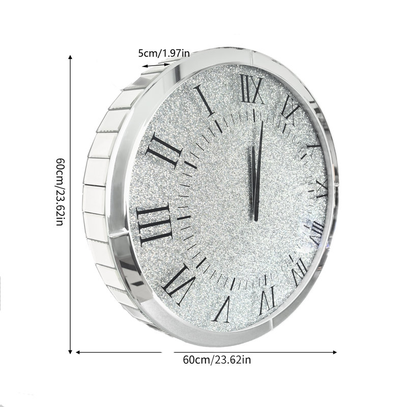 Round Wall Clock Twinkle Crystal Diamond Wall Clock With Silver Beveled Glass Edging