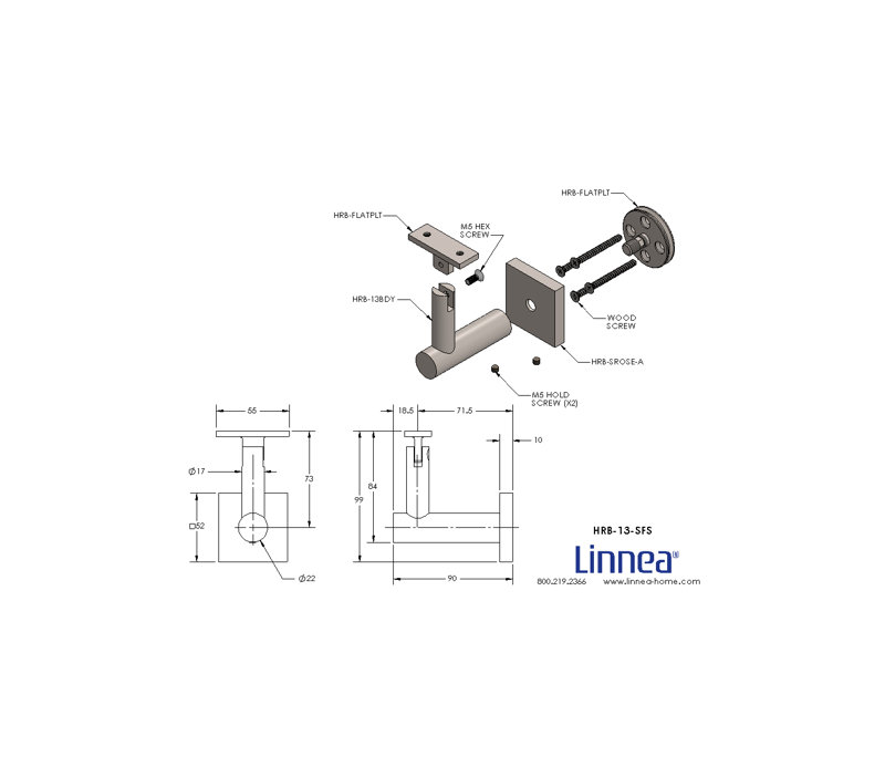 Surface Mount Handrail Bracket with Square Rose and Flat Plate, Satin Stainless Steel