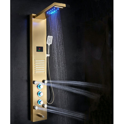 Système de panneau de tour de douche à inverseur à 5 voies avec pomme de douche à pluie à DEL, en or brossé