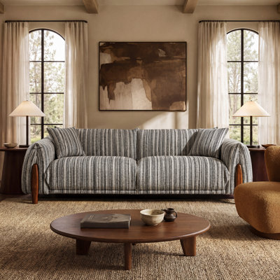 93" Striped Chenille Sofa, Mid Century Modern Upholstered Couch with 2 Pillows and Wood Legs