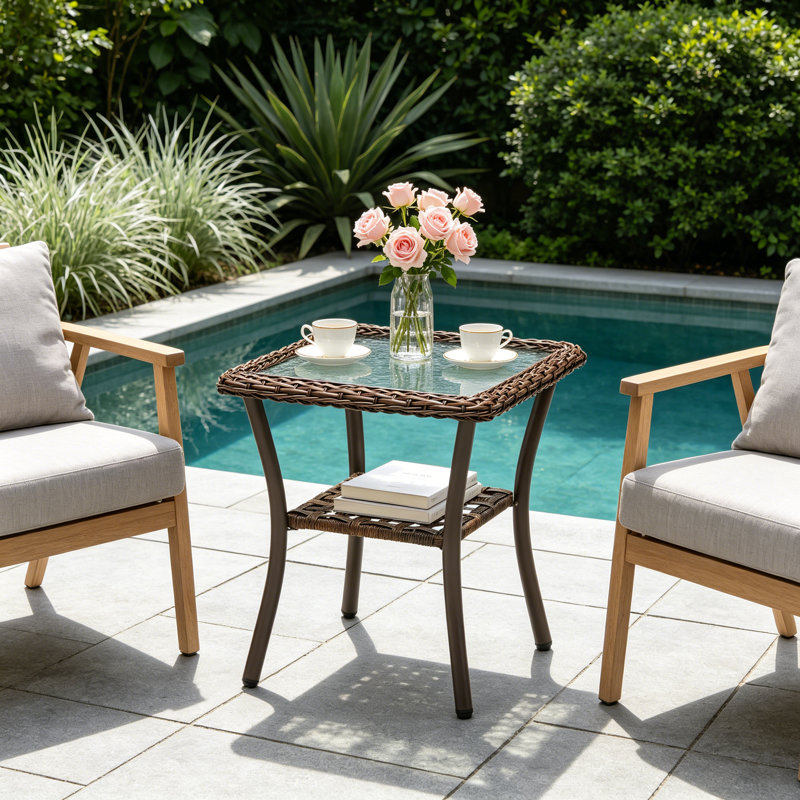 Table d'appoint d'extérieur en osier, table de bout carrée en rotin PE toutes saisons avec plateau en verre trempé, petite table de patio pour piscine, balcon, terrasse, porche | Brun