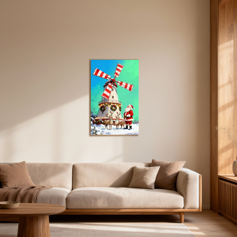 Noël, père Noël, renne, moulin à vent, scène de Noël, paysage d'hiver, décor des Fêtes, H 24 po x l 16 po