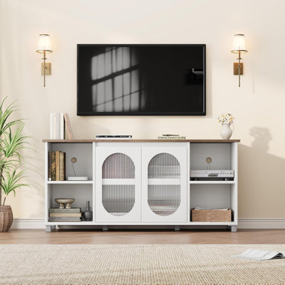 Meuble télé moderne pour 70 pouces, centre de divertissement avec tablettes de rangement et portes en verre - meuble média en bois pour salon, chambre à coucher - blanc avec brun