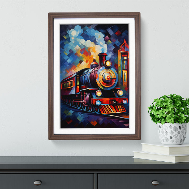 Steam Train Cubism No.2 - Single Picture Frame Print on Wood, Walnut, 34cm H x 25cm W x 2cm D