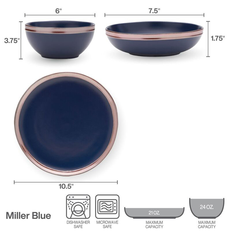 Service de table en grès 12 pièces Miller, service pour 4, Bleu