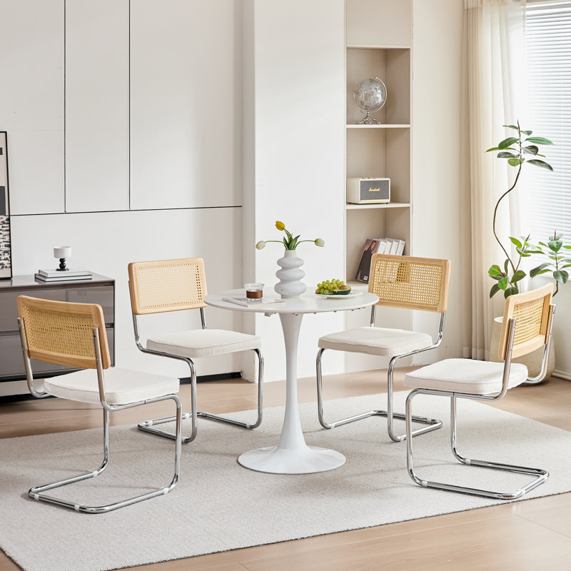 Chairs - Scandinavian Velvet Dining Chair - Rattan Back Chair - Metal Legs, 4, White