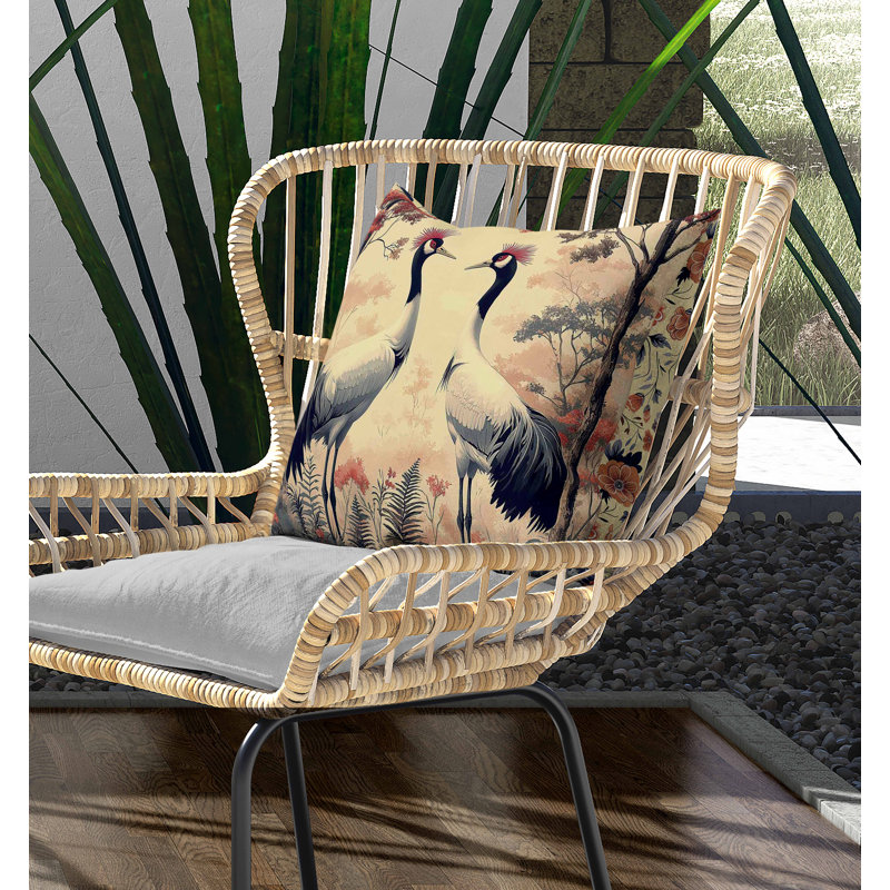 Coussin intérieur / extérieur Autumnal Cranes, Carré 16 po, Rose / crème / gris
