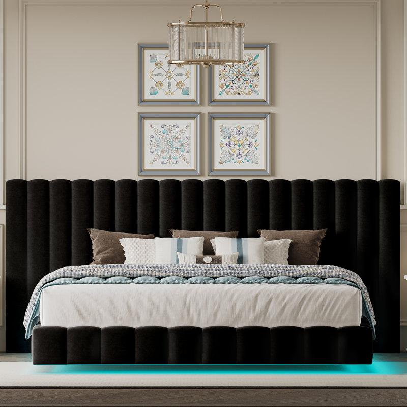 Upholstered Bed Frame | Oversized Headboard | Floating Design | RGB LED Lights | Modern Style, King, Black