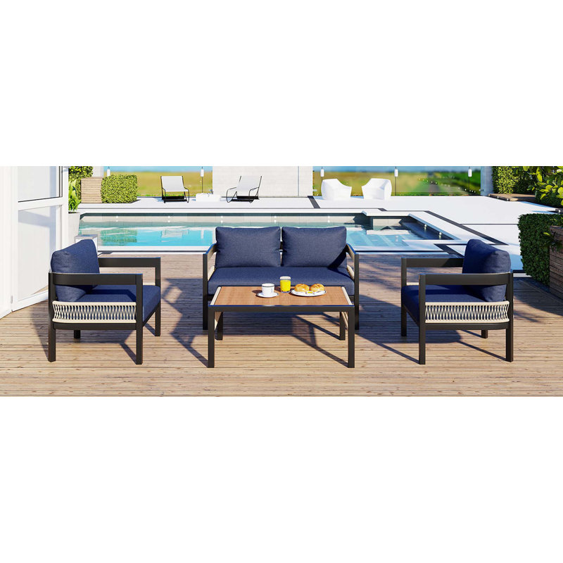 Multi-Person Outdoor Iron Sofa Set With 1 Table, Dark Blue