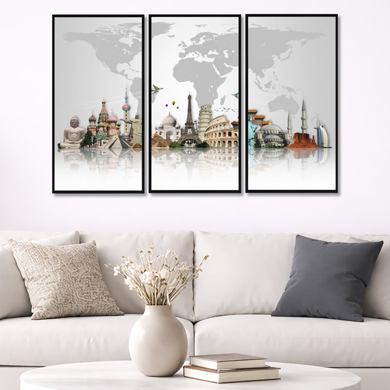 "Famous Monuments Across World", 3 pièces, cadre flottant, impression sur toile, H 32 po x l 48 po, Noir, noir, noir, noir