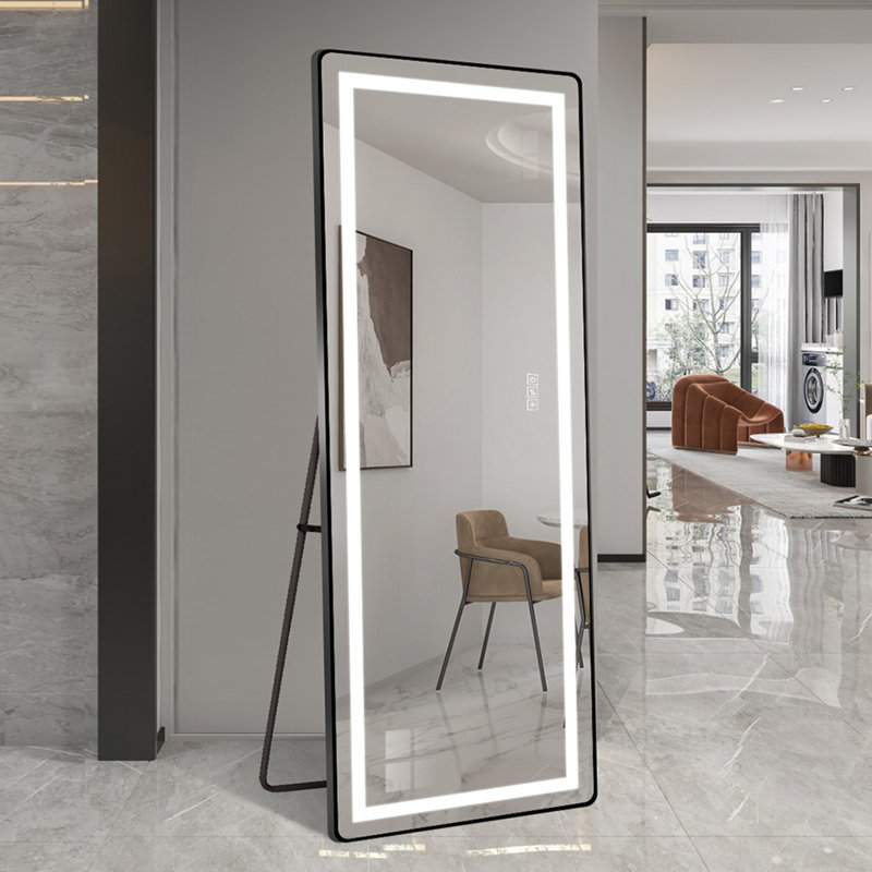 Full-Length Vertical Mirror With LED, Dimmable And Adjustable Floor Standing Bracket, Aluminum Alloy Frame