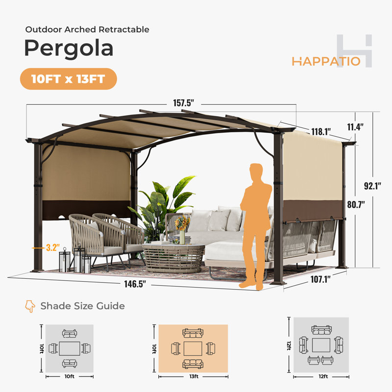 Aluminum Pergola with Canopy, Brown Canopy/Brown Frame, 92.10" H x 157.50" W x 118.10" D