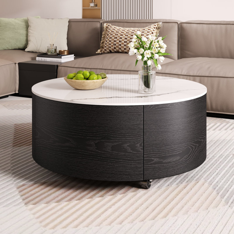Table basse ronde moderne mobile avec roulettes, 2 tiroirs, plateau en pierre frittée à motif marbré, Noir
