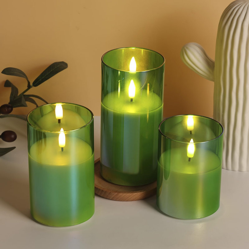 Unscented Flameless Pillar Candle with Glass Holder, Green