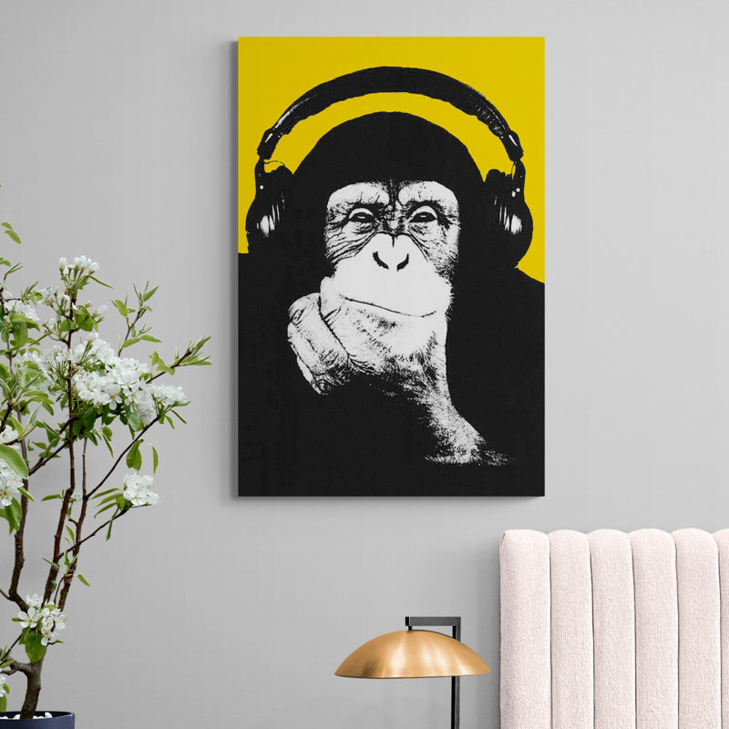 Monkey Headphones Thinking - Wrapped Canvas Print, 61cm H x 41cm W x 4cm D