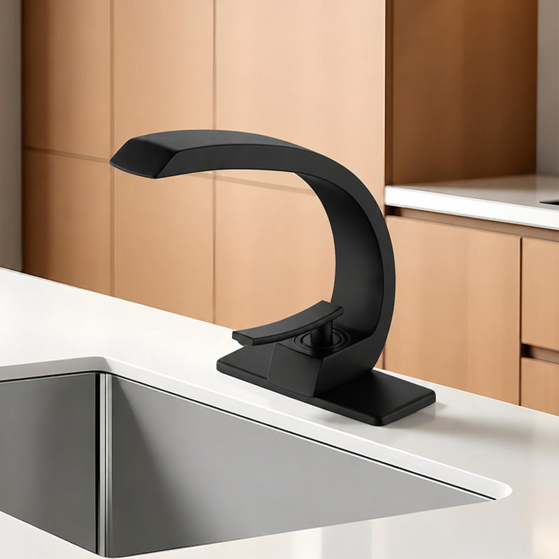 Robinet de salle de bain monocorps et monocommande avec drain, Noir mat