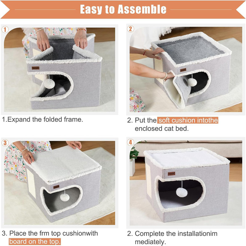 Gray Plush Covered Cat Cube House with Hanging Ball