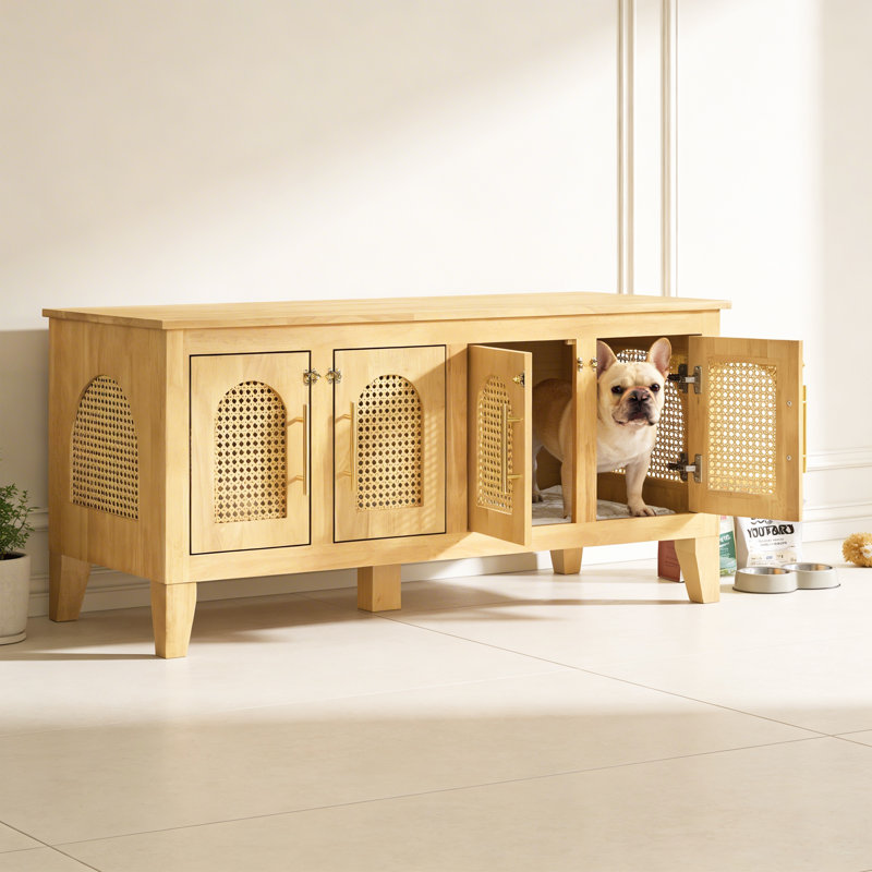 Cage pour chien en bois d'hévéa avec rangement et 4 portes pour le salon Lars, Naturel