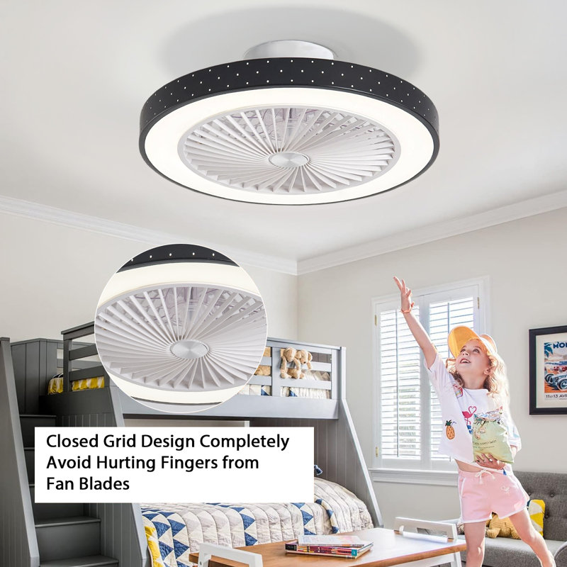 Ventilateur de plafond 19 po avec lumières DEL et plafonnier encastré à 8 pales avec télécommande, Noir