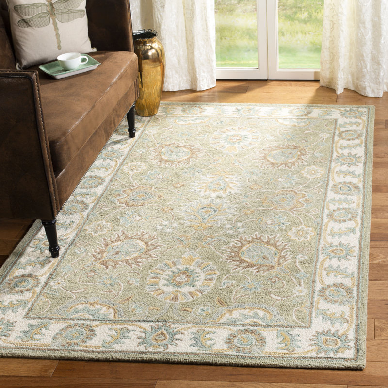 Tapis oriental en laine touffeté à la main de couleur sauge / ivoire Desmondia, Rectangle 6 pi x 9 pi
