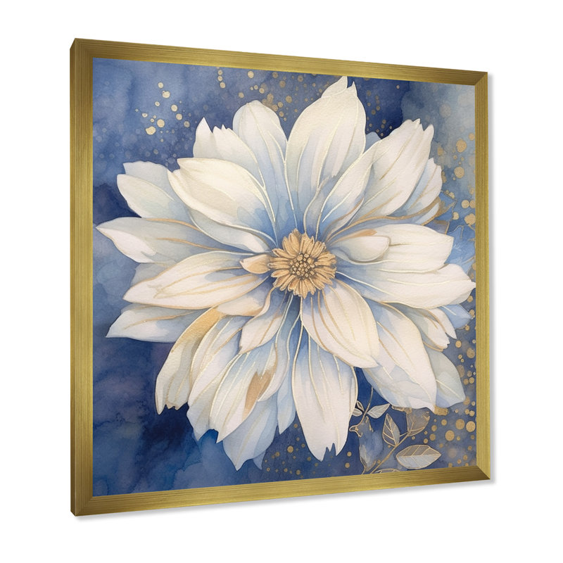 «Elegant White Chrysanthemum On Retro Blue», reproduction sur toile, H 16 po x l 16 po x P 1 po, Cadre doré à une seule photo