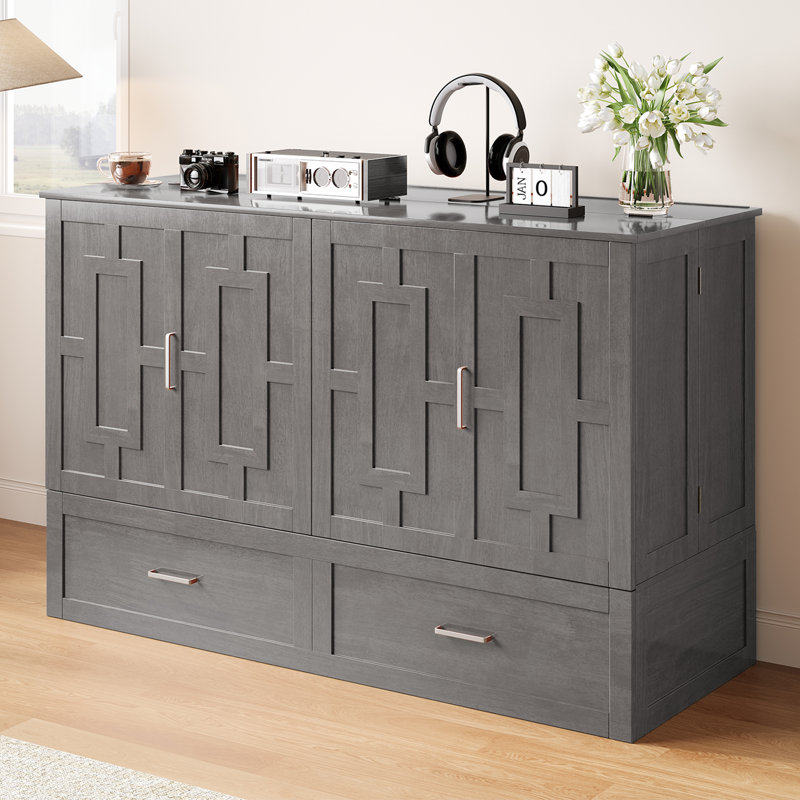 Queen Solid Wood Murphy Bed Cabinet with USB & Storage, Foldable Mattress for Guest Room, Gray