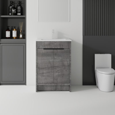 Meuble-lavabo autoportant 24 po avec lavabo, tiroir en céramique, contreplaqué, gris