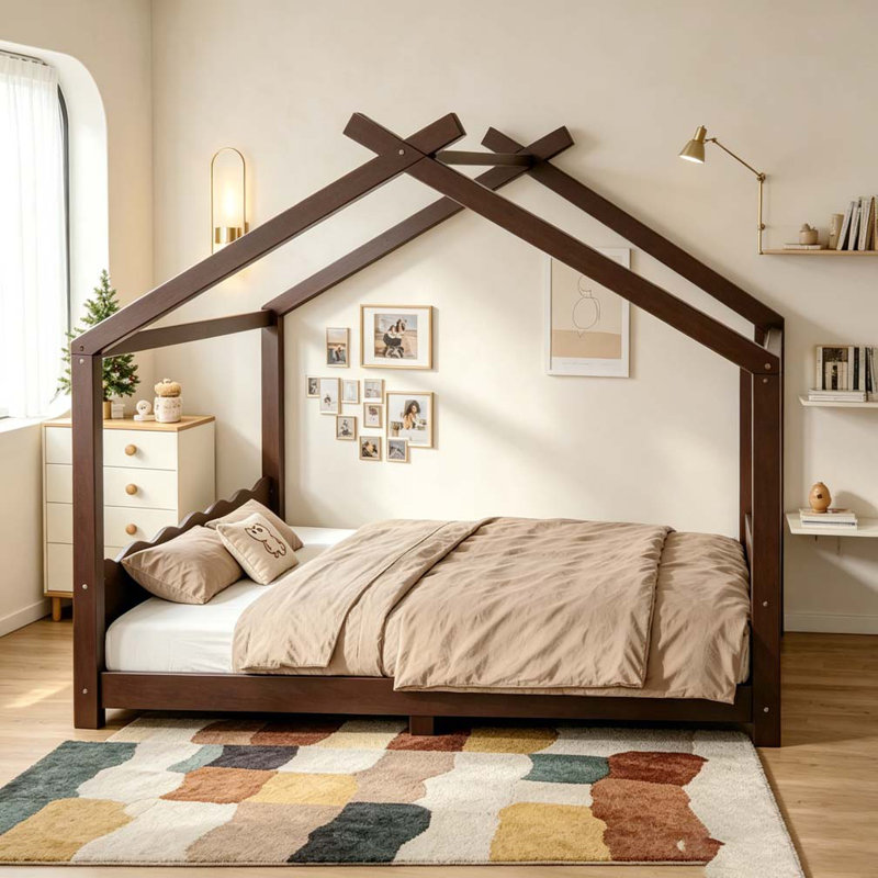 Lit de maison avec lattes de soutien, cadre de lit en bois massif pour enfants, aucun sommier et ouverture, Double, Espresso