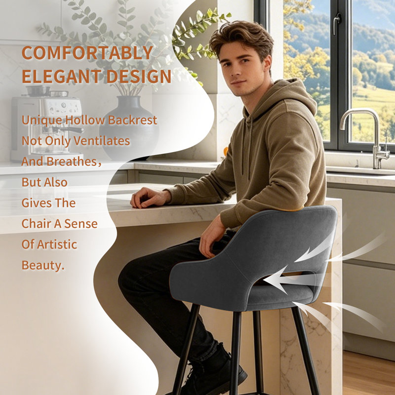 Velvet Upholstered Bar Stools with Armrests, Grey