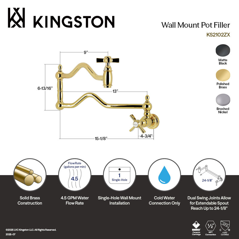 Kingston Brass Millennium Two-Handle 1-Hole Wall Mount Pot Filler Faucet, Matte Black