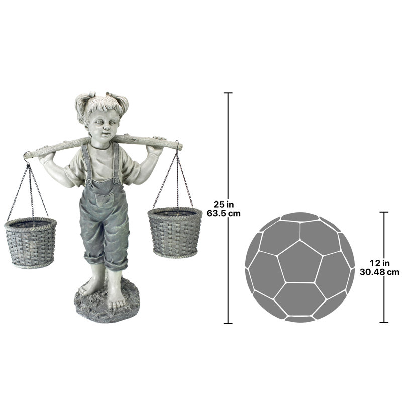 Medium Two-Tone Resin Little Girl Garden Statue with Baskets