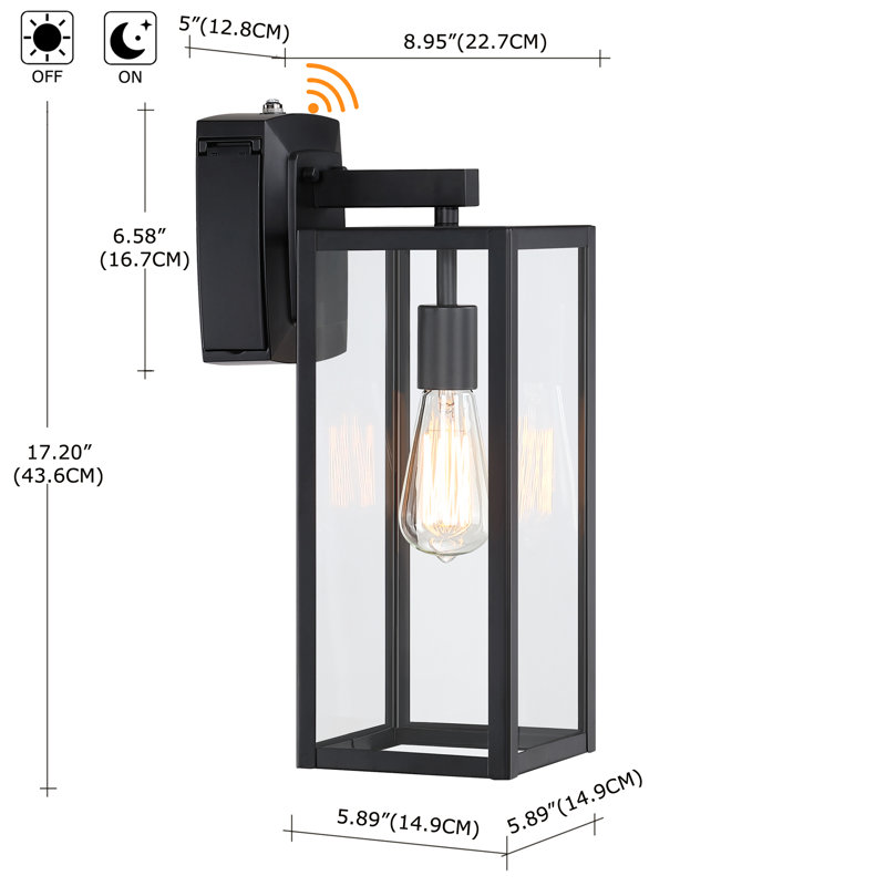 1-Light Matte Black Outdoor Wall Lantern Sconce with GFCI Outlet and Dusk to Dawn Sensor, 16.7'' H X 5.89'' W X 8.95'' D