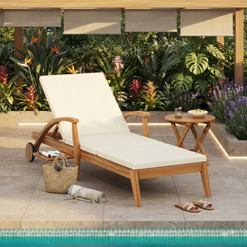 ENSEMBLE DE TABLE D'APPUI EXTÉRIEUR - COMPRENANT UN COUSSIN DE 2 POUCES ET UNE CHAISE DE CHAÎNE À Dossier réglable avec roulettes et une table d'appoint en bois ACACIA PLIABLE ET RÉGLABLE pour porche de piscine
