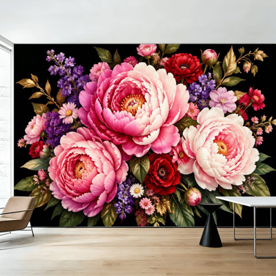 Papier peint adhésif à motif floral vibrant (pivoines, lys, fleurs colorées), 254 cm (H) x 366 cm (L), amovible, en PVC, pour chambre, salon ou bureau.