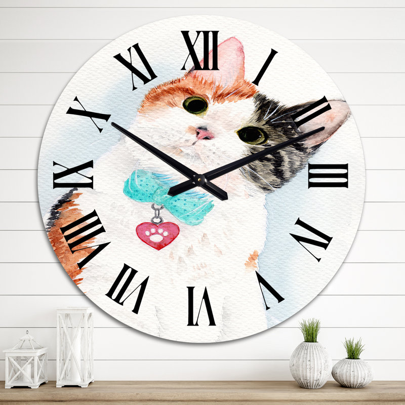 Horloge murale traditionnelle avec chat blanc et cœur, Surdimensionné
