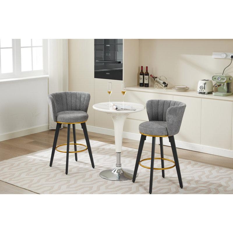 2 Counter Height Bar Stools, 360 Rotating Upholstered With Backrests, Metal Legs, 26" Seat Height, Gray Velvet, Modern Living Area Chairs Contemporary Flair