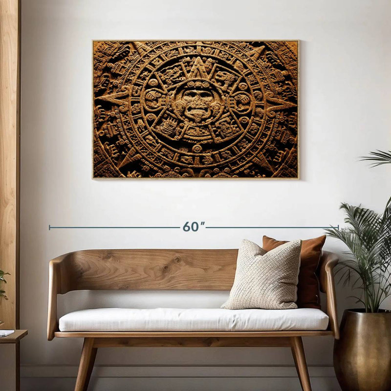 Ancien calendrier aztèque, Cadre flottant en bois naturel, 43 po x 29 po