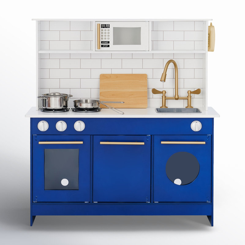 Teamson Kids Little Chef Berlin Wooden Play Kitchen with Gold Hardware, Accessories & Subway Tile Backsplash, White/Blue/Gold
