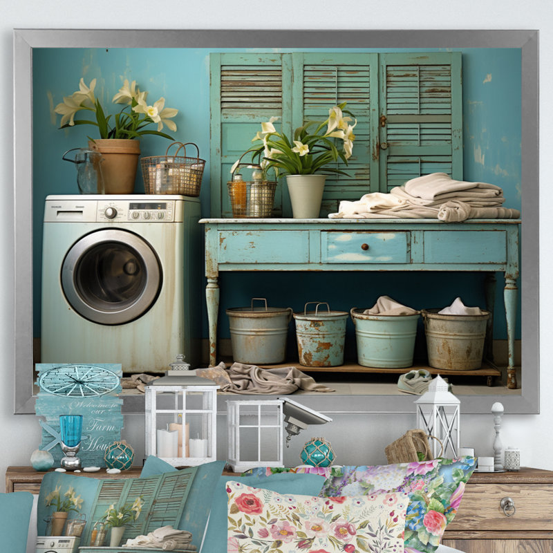 Turquoise Vintage Laundry Room I, reproduction d'art sur toile, Cadre photo argenté, H 12 po x l 20 po x P 1 po