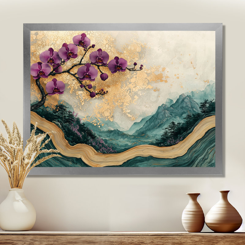 Jacauri, fleurs d'orchidées lavande sur géode émeraude I - art mural orchidée, H 12 po x l 20 po, Argent argent