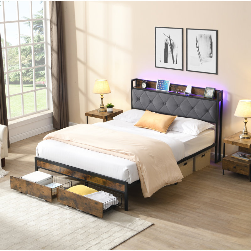 Cadre de lit avec rangement, cadre de lit avec lumières DEL, tête de lit tapissier et 2 tiroirs, port USB et station de charge, aucun sommier nécessaire, assemblage facile, gris