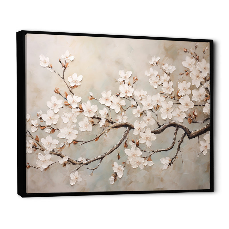 Minimalisme blanc et gris Cherry Blossom III - art mural Cherry Blossom, Cadre flottant noir, H 12 po x l 20 po x P 1 po