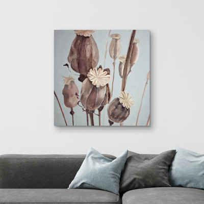 Sepia poppy head flowers - 32"x32" art on canvas
