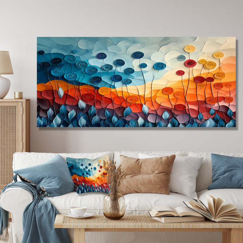 Fantaisie champ de fleurs de renoncule V - Renoncule, art mural de salon, H 28 po x l 60 po, Toile tendue